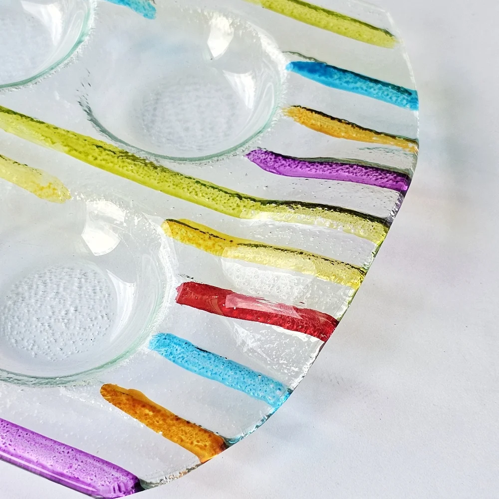 Striped Contemporary Style Fused Glass Candle Holder Tray Six Tea Light Candles